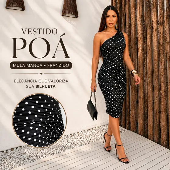 Vestido Feminino Mula Manca Ombro Só Tubinho Drapeado Colado Midi Suplex Franzido Elegante
