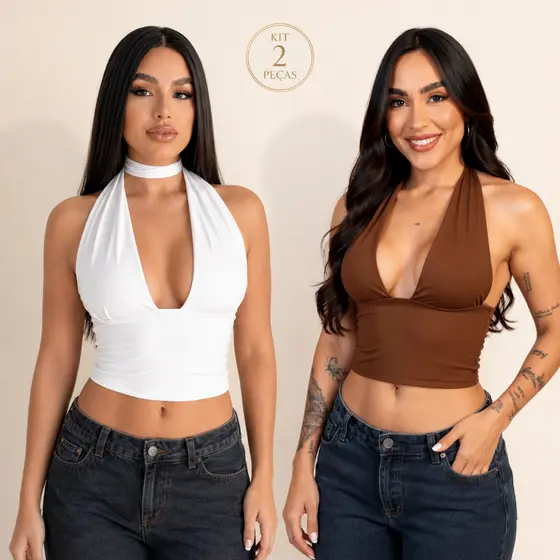 Kit 2 Top Cropped Feminino Amarração Sustentação Top Decote Suplex Premium Frente Única Multiformas