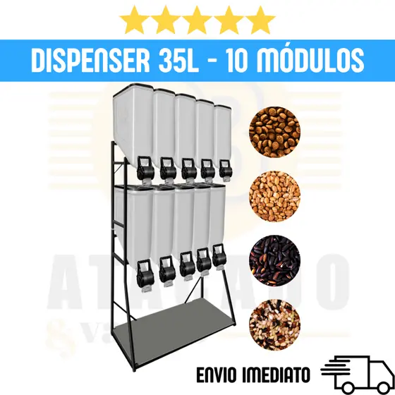 Dispenser de Ração 35L 10 Módulos Mec Pet Expositor Armazenador Cães Cereais Grãos 140KG a 175KG