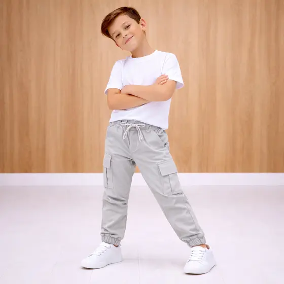Calça Sarja Cargo Jogger Masculina Infantil Com Punho Elástico Especial