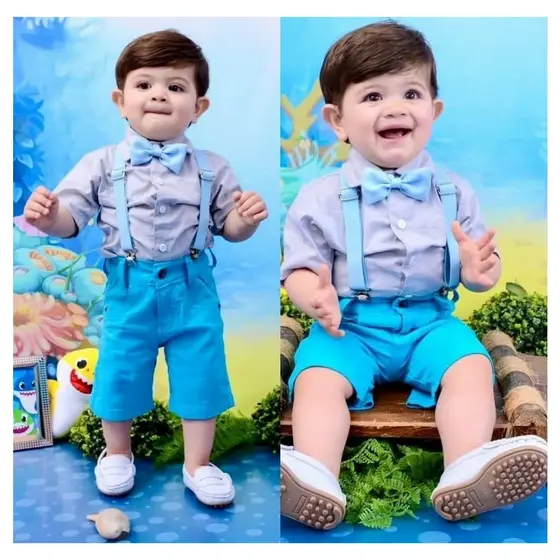 Roupa Temática Infantil Menino Baby Shark Manga Curta Tema Aniversario Mêsversário do Bebê Tubarão