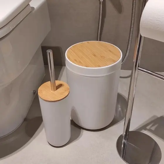 Kit Banheiro Bambu 2 Peças Lixeira Luxo 6 Litros Acessórios de Lavabo com Escova Sanitária