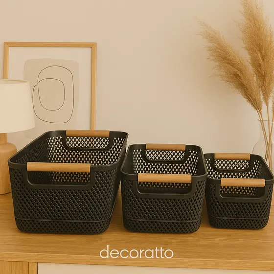 Cesto Organizador Decorativo Multiuso Plástico Alça de Bambu - Banheiro, Quarto, Escritório, Cozinha