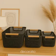 Cesto Organizador Decorativo Multiuso Plástico Alça de Bambu - Banheiro, Quarto, Escritório, Cozinha