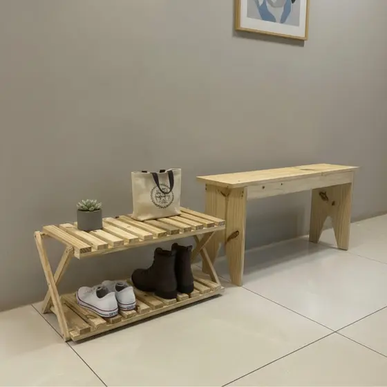 Kit Banco e Sapateira Dobrável de Pinus Banco + Sapateira 2 Andares Multiuso Decorativa para Sala, Varanda e Flores
