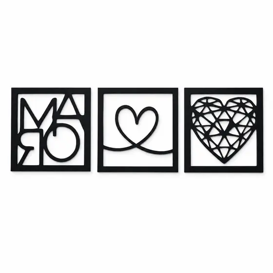 Kit 3 Quadros Decorativos Mãe Coração Geométrico MDF Preto 3mm Para Sala Quarto Parede