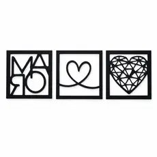 Kit 3 Quadros Decorativos Mãe Coração Geométrico MDF Preto 3mm Para Sala Quarto Parede