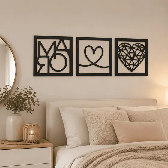 Kit Quadros Mãe Coração MDF Preto 3mm Decoração Afetiva Para Sala Quarto Escritório Parede