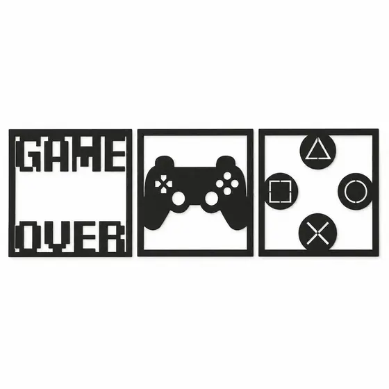 Quadros Gamer Decorativos MDF Preto 3mm Kit 3 Peças Para Sala Quarto Parede Controle Game Over Geek