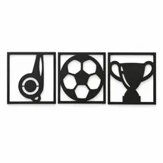 Kit 3 Quadros Decorativos Futebol MDF Preto 3mm Apito Bola Troféu Para Sala Quarto Parede