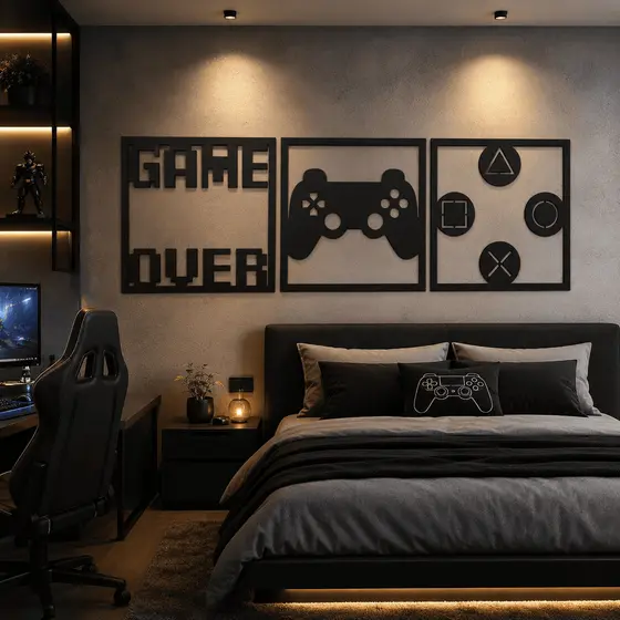 Kit 3 Quadros Gamer MDF Preto 3mm Decoração Para Parede Quarto Sala Controle Símbolos Game Over Moderno