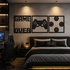 Kit 3 Quadros Gamer MDF Preto 3mm Decoração Para Parede Quarto Sala Controle Símbolos Game Over Moderno