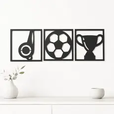 Kit Quadros Futebol Apito Bola Troféu MDF Preto 3mm Decoração Esportiva Para Parede Moderna