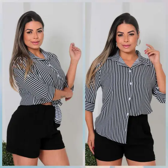 Camisa listrada feminina elegante - moda casual Manga 3/4