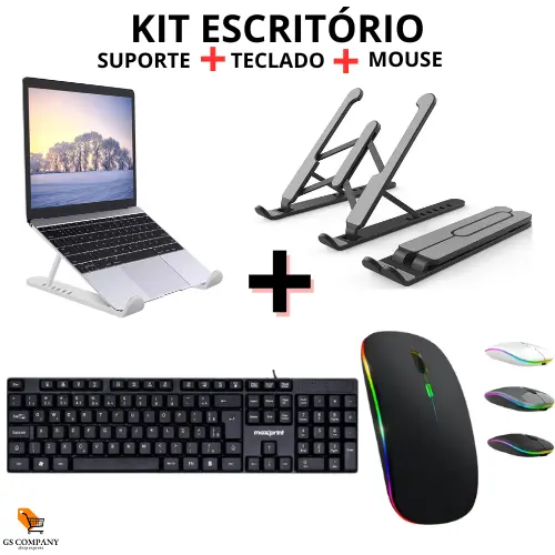 Kit Teclado Padrão + Mouse Sem Fio Bluetooth + Suporte Notebook Tablet PC iPad