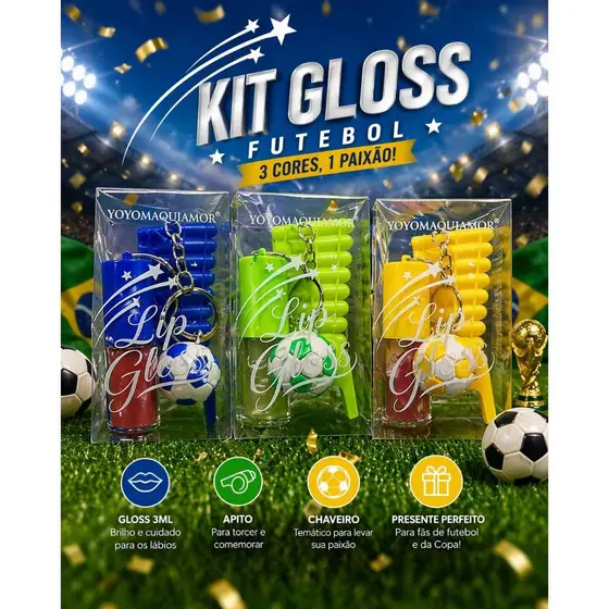 Kit Gloss Futebol Com Apito e Chaveiro Torcedor Presente Criativo Copa