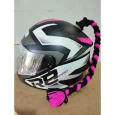 Capacete R8 protork, com 1 trança rabo de cavalo,rosa ,com viseira transparente