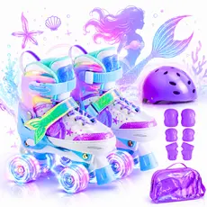 Patins Infantil Ajustável 4 Rodas Sereia + Kit Proteção Rodinha Led diversao crianca brinquedo