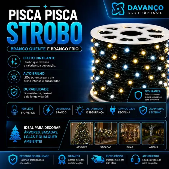 Pisca Pisca Strobo 10m 120 LEDs Natal Flash Estrobo Cordão de Luz Decoração Natalina