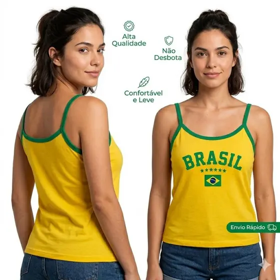Regata Brasil Feminina Algodão Macio Caimento Confortável Estampa Resistente Ideal Copa Envio Brinde