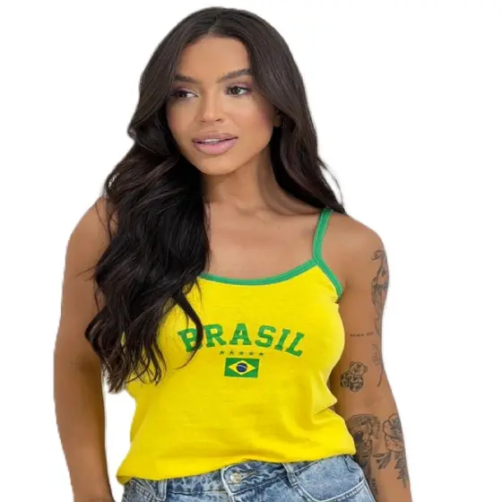 Regata Feminina Do Brasil 100% Algodão Look Torcedora Copa 2026 Com Mini Corneta