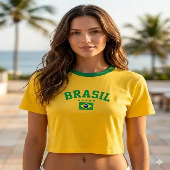 Cropped Brasil Feminino Manga Curta Verde E Amarelo Look Copa Com Mini Corneta De Brinde