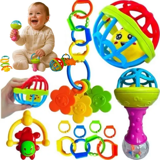 Kit Chocalho Bebê com Mordedor Brinquedo Educativo Sensorial Colorido Infantil 8 Peças