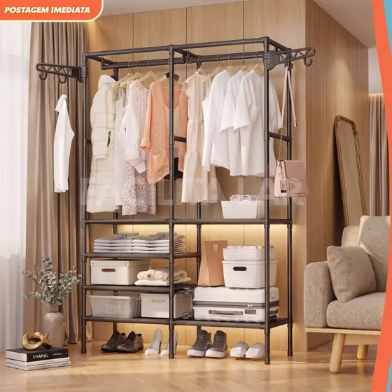 Guarda Roupa de Casal e Solteiro com Sapateira Organizadora Arara Cabideiro Rack Multifuncional