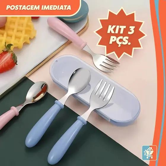 Talheres Infantil Aço Inox 304 Colher Garfo Kit Com Estojo Bebe 3 peças - Introdução Alimentar