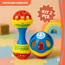 Kit Brinquedos Chocalho Sensorial para Bebê – Mordedor Halter + Bolinha Divertida e Segura