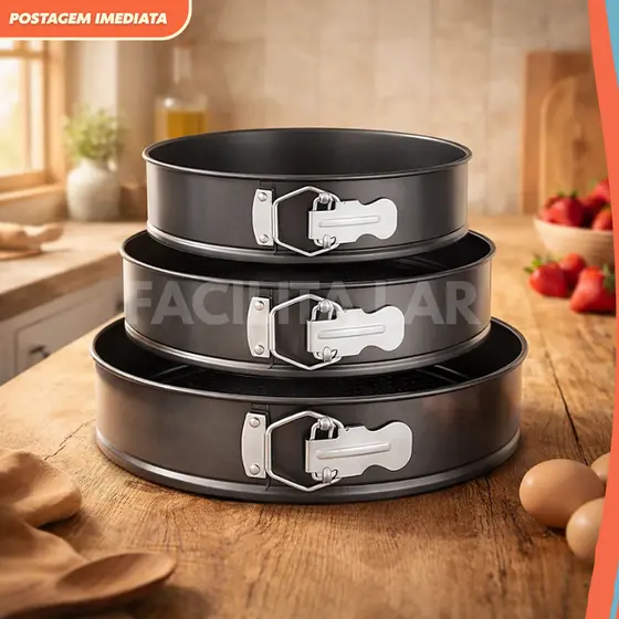 JOGO DE 3 PEÇAS - FORMA EM INOX ANTIADERENTE COM FUNDO REMOVÍVEL PARA BOLOS TORTAS FORMA REDONDA NÃO GRUDA MOLDE DE BOLO