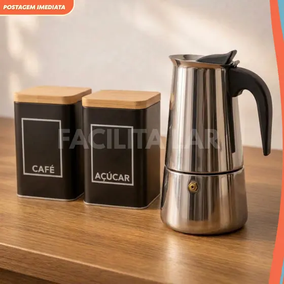 Kit Cantinho Do Café Cafeteira Italiana Inox + Porta Café E Açúcar Potes Minimalistas Café Gourmet Cafeteira Italiana
