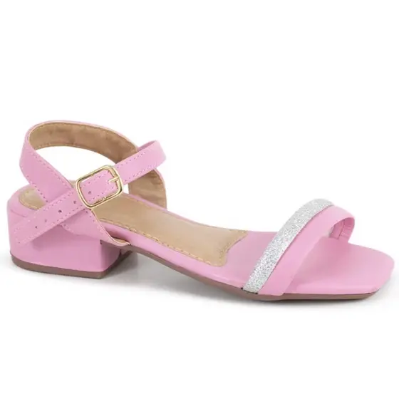 Sandália infantil salto bloco baixo, tira de glitter