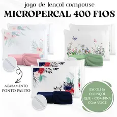 Kit Jogo de Cama Lençol Micropercal 400 FIOS - Compouse Fronha Estampa Floral Ponto Palito