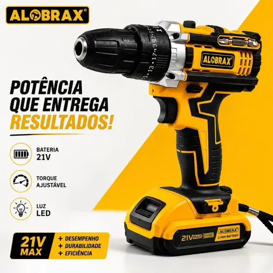 Parafusadeira Furadeira Alobrax 21V Sem Fio OBRA-101 Torque 28Nm 2 Velocidades Bateria Li-ion