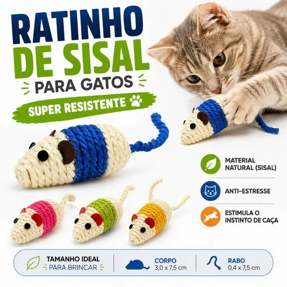 Ratinho de Sisal para Gatos Brinquedo Interativo Anti Estresse Estimula Instinto de Caça