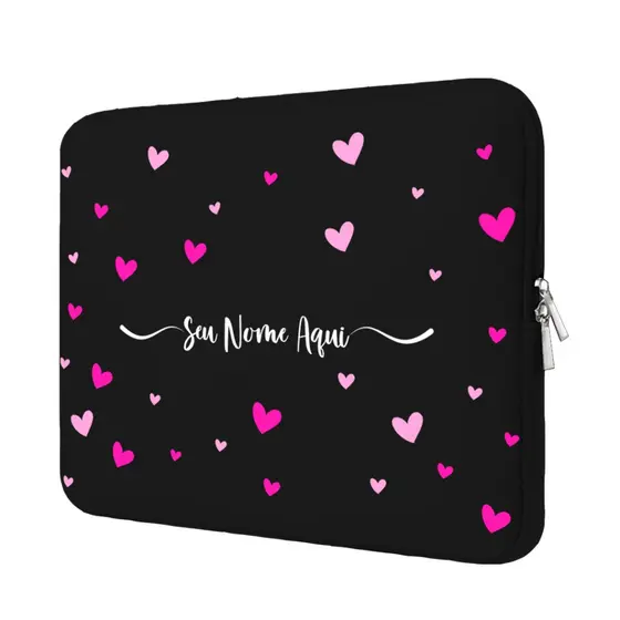 Capa Case Pasta Maleta Notebook Neoprene 15.6/14/13.3/12/11 Personalizada Nome Corações Coloridos