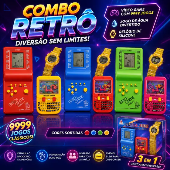 Combo Retrô Incrível: Vídeo Game com 9999 Jogos + Jogo de Água + Relógio de Silicone