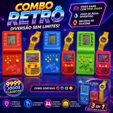 Combo Retrô Incrível: Vídeo Game com 9999 Jogos + Jogo de Água + Relógio de Silicone