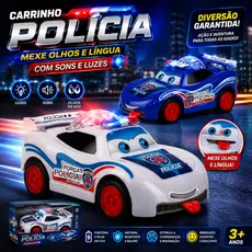 Carrinho Polícia Mexe Olhos e Língua com Sons e Luzes a Pilha