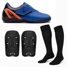 Chuteira Infantil de Futsal com Fechamento em Velcro + Meião + Caneleira de Futebol Juvenil