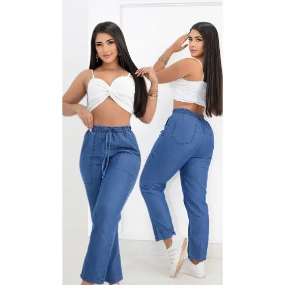 Calça capri mon  jeans leve cos alto com elastico na cintura e cordão de enfeite