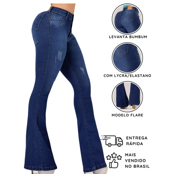 Calça Jeans Flare Feminina Cintura Alta com Lycra, Levanta Bumbum, Modelo Boca de Sino Premium