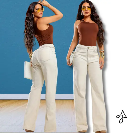 Calça Feminina Wide Leg Areia 100% algodão AJeans Cintura Alta Levanta Perfeita