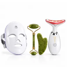 Kit Skincare Máscara Facial LED 7 Cores + Massageador LED + Jade Roller e Gua Sha