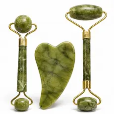 Kit Jade Roller Massageador Facial Pedra Gua Sha Skincare 3 Peças