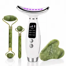 Kit Massageador Facial LED 7 Cores + Roller Jade e Gua Sha