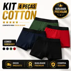Kit 4 Cuecas Boxer Masculinas Algodão Cotton Premium com Elastano Macia Respirável Cores Variadas