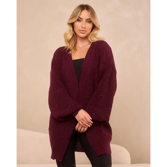 Casaco de Frio Tricot Cardigan Aberto Tricô Feminino Manga Bufante Ponto Fang Moda Inverno