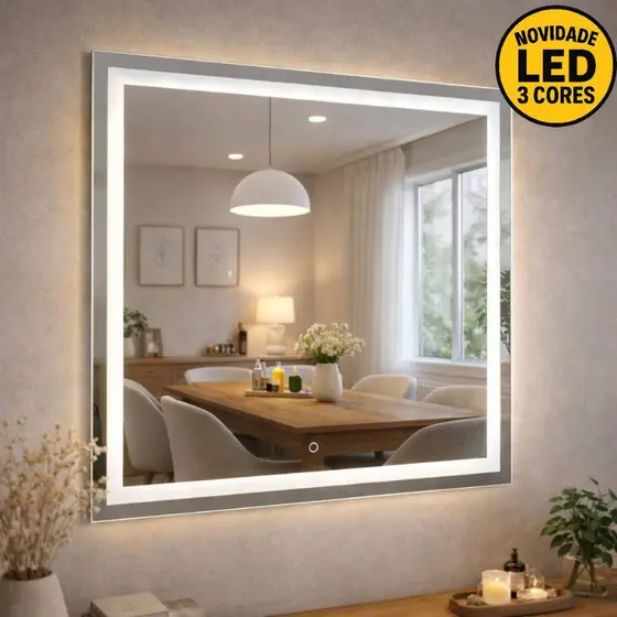 Espelho Quadrado Decorativo Jateado LED 3 Cores Touch Banheiro Quarto Sala Camarim 50x50 60x60 70x70 80x80